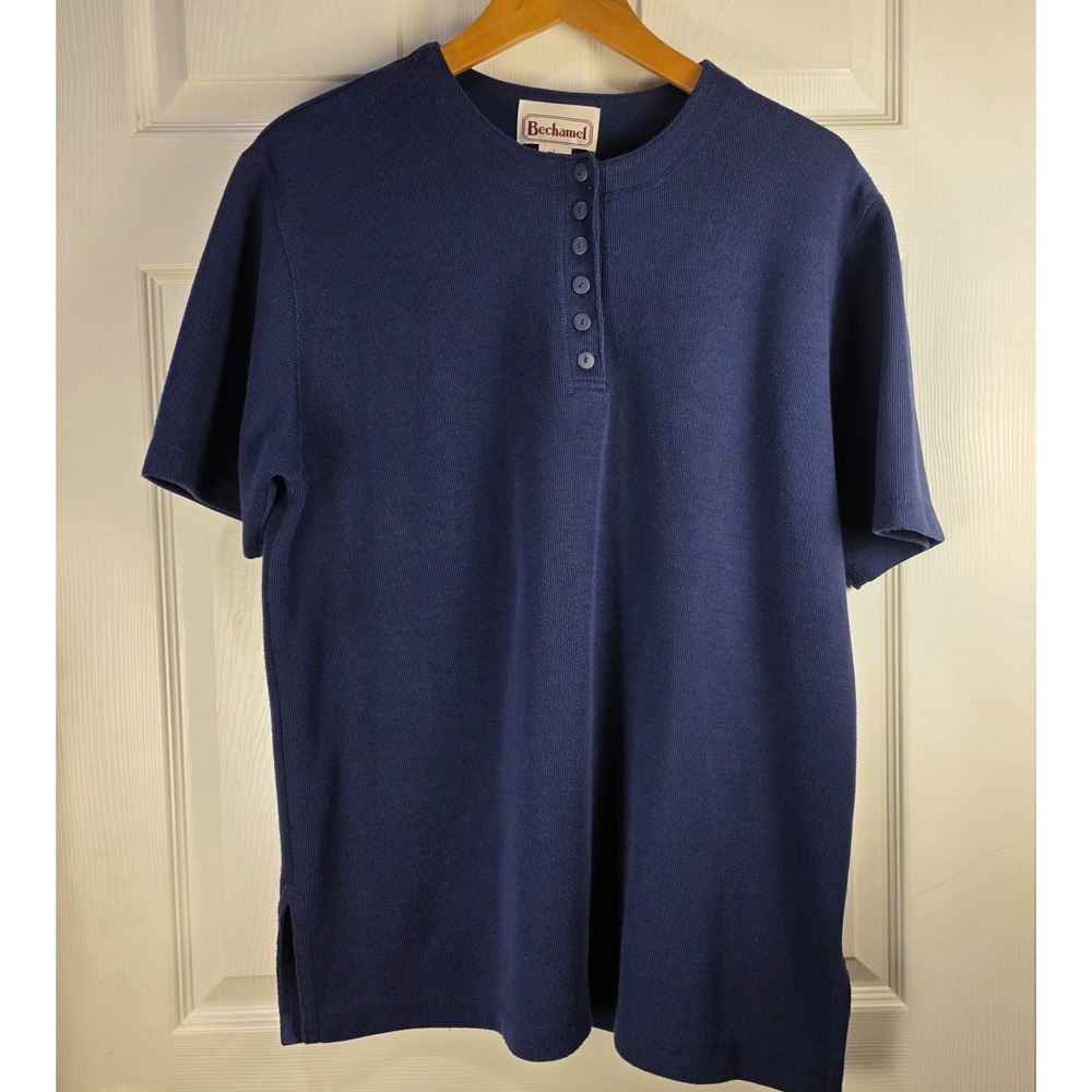 Vtg Bechamel Women's Large Blue Crewneck Blouse Activewear Top Short Sleeve